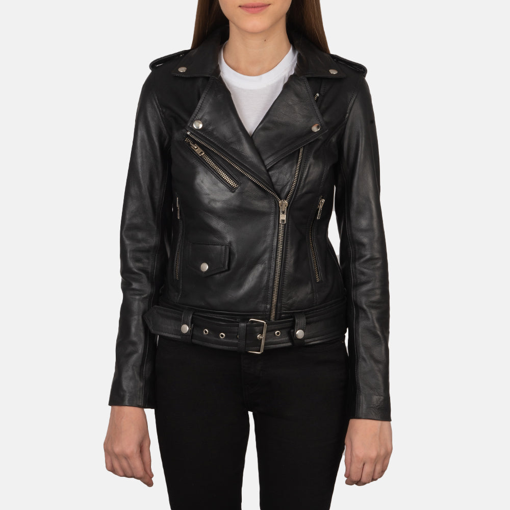 Women's Alison ブラック レザーライダースジャケット レディース in Black Cowhide Leather - Front Profile View &amp; Tailored Silhouette | Buy Online