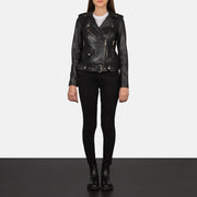 Women's Alison ブラック レザーライダースジャケット レディース - Lateral Side Profile View Showing Sleeve Cut &amp; Athletic Taper Fit