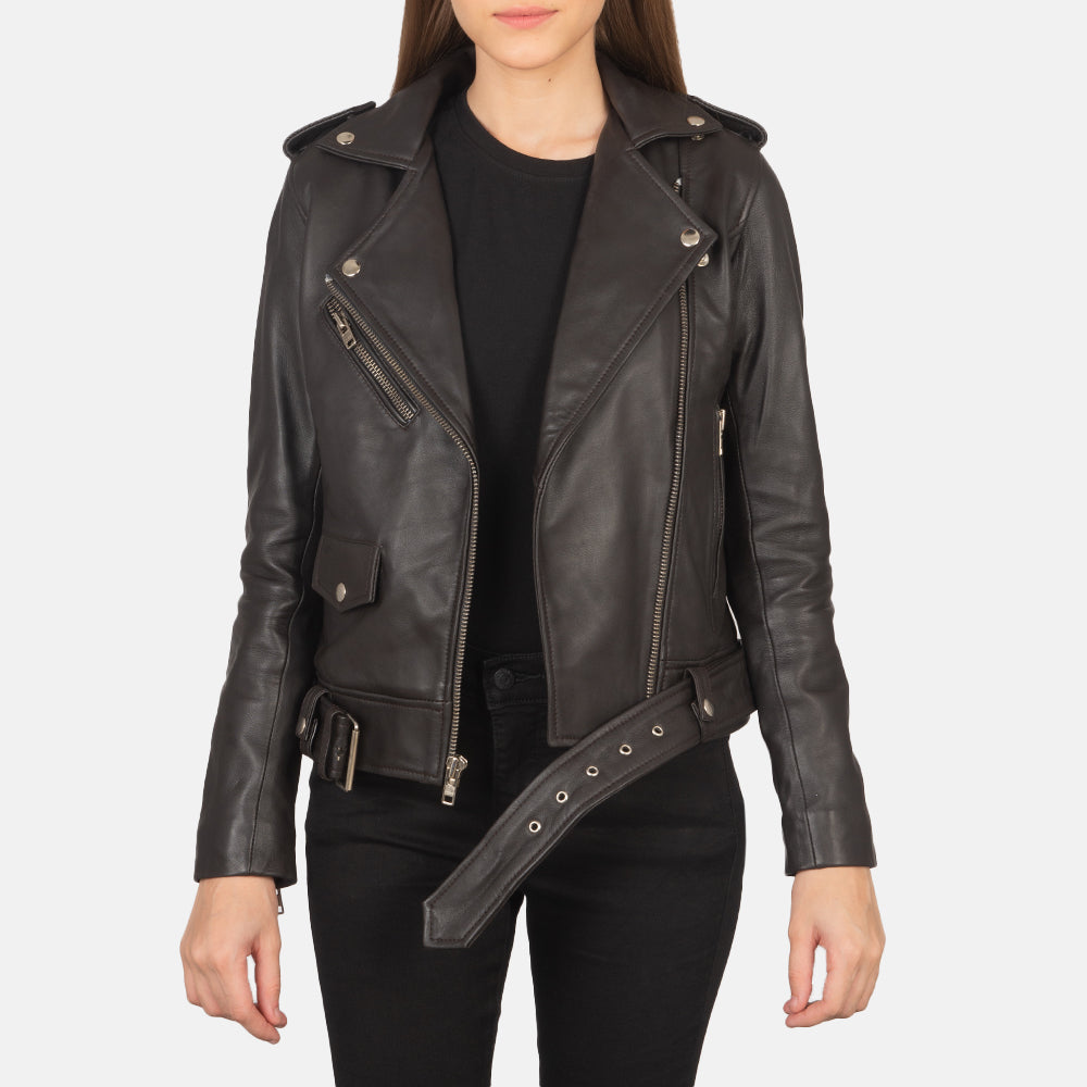 Women's Alison ブラウン レザーライダースジャケット レディース in Brown Sheepskin Leather - Front Profile View &amp; Tailored Silhouette | Buy Online