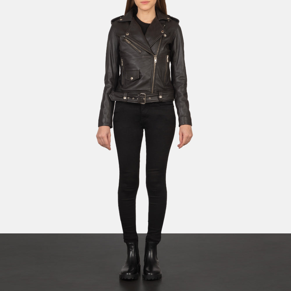 Women's Alison ブラウン レザーライダースジャケット レディース - Lateral Side Profile View Showing Sleeve Cut &amp; Athletic Taper Fit