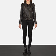 Women's Alison ブラウン レザーライダースジャケット レディース - Lateral Side Profile View Showing Sleeve Cut &amp; Athletic Taper Fit