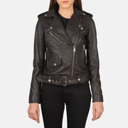 Close-Up Detail of Notch &amp; Zipper Hardware on Women's Alison ブラウン レザーライダースジャケット レディース