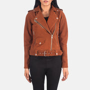 Women's Alison ブラウン Suede レザーライダースジャケット レディース in Brown Goatskin Suede - Front Profile View &amp; Tailored Silhouette | Buy Online