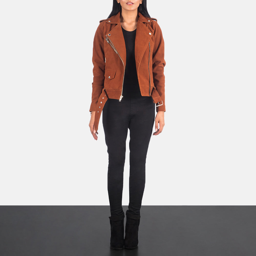 Women's Alison ブラウン Suede レザーライダースジャケット レディース - Lateral Side Profile View Showing Sleeve Cut &amp; Athletic Taper Fit