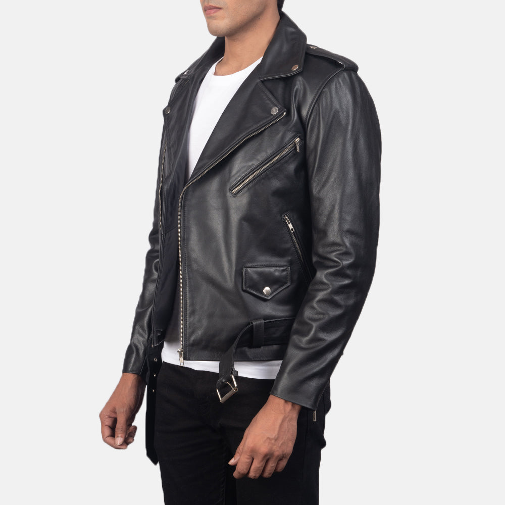 
Black Cowhide Leather Biker Jacket - 美しい肩のラインと裾の仕立てが際立つ背面ビュー