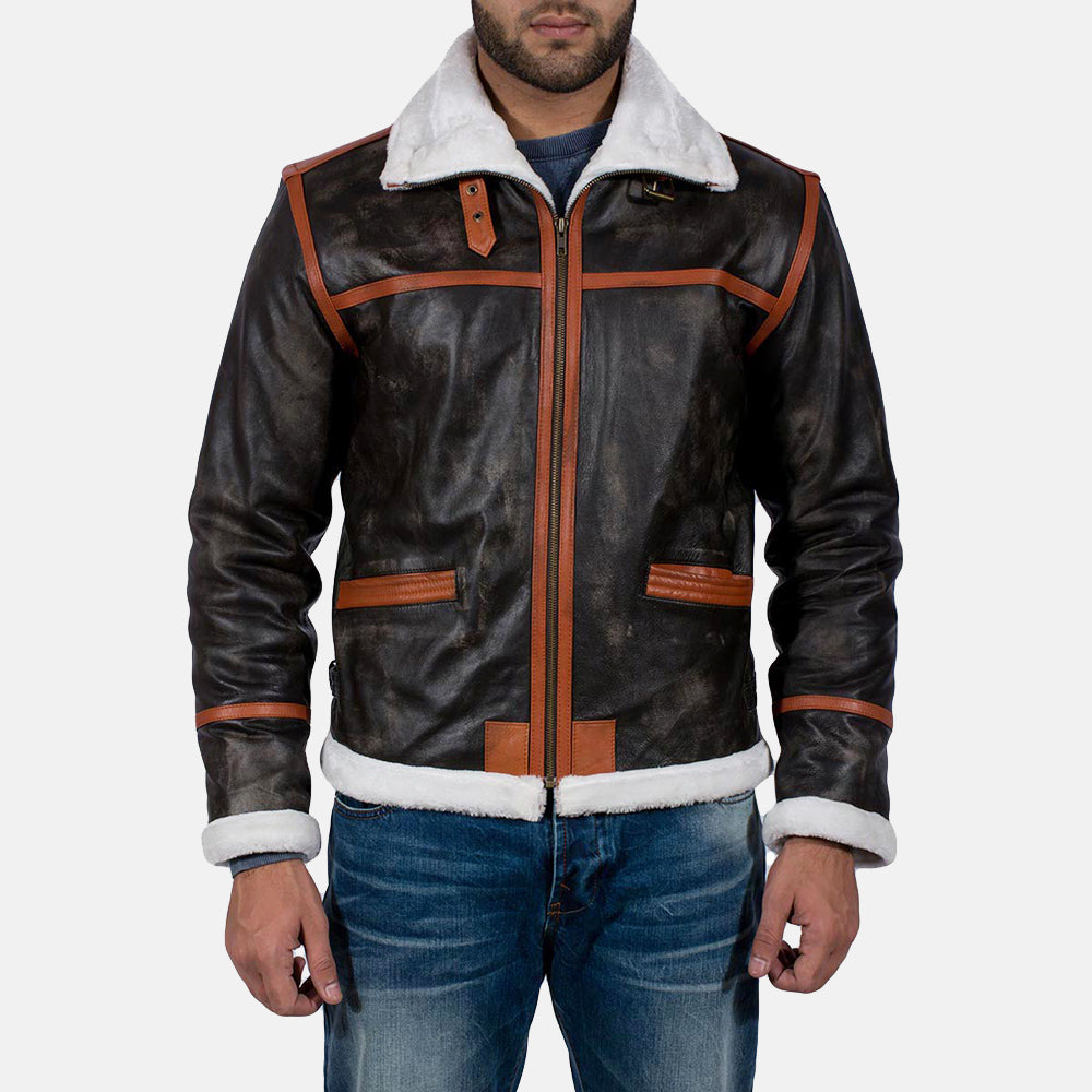 Men's Alpine ブラウン Fur レザージャケット メンズ in Distressed Brown Goatskin Leather - Front Profile View &amp; Tailored Silhouette | Buy Online