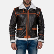 Men's Alpine ブラウン Fur レザージャケット メンズ in Distressed Brown Goatskin Leather - Front Profile View &amp; Tailored Silhouette | Buy Online