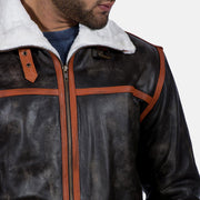 Men's Alpine ブラウン Fur レザージャケット メンズ - Lateral Side Profile View Showing Sleeve Cut &amp; Athletic Taper Fit