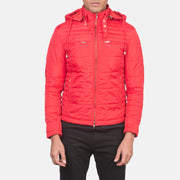 クローズアップ詳細 of High neck with Belt &amp; Zipper Hardware on Alps Quilted Red Windbreaker Jacket