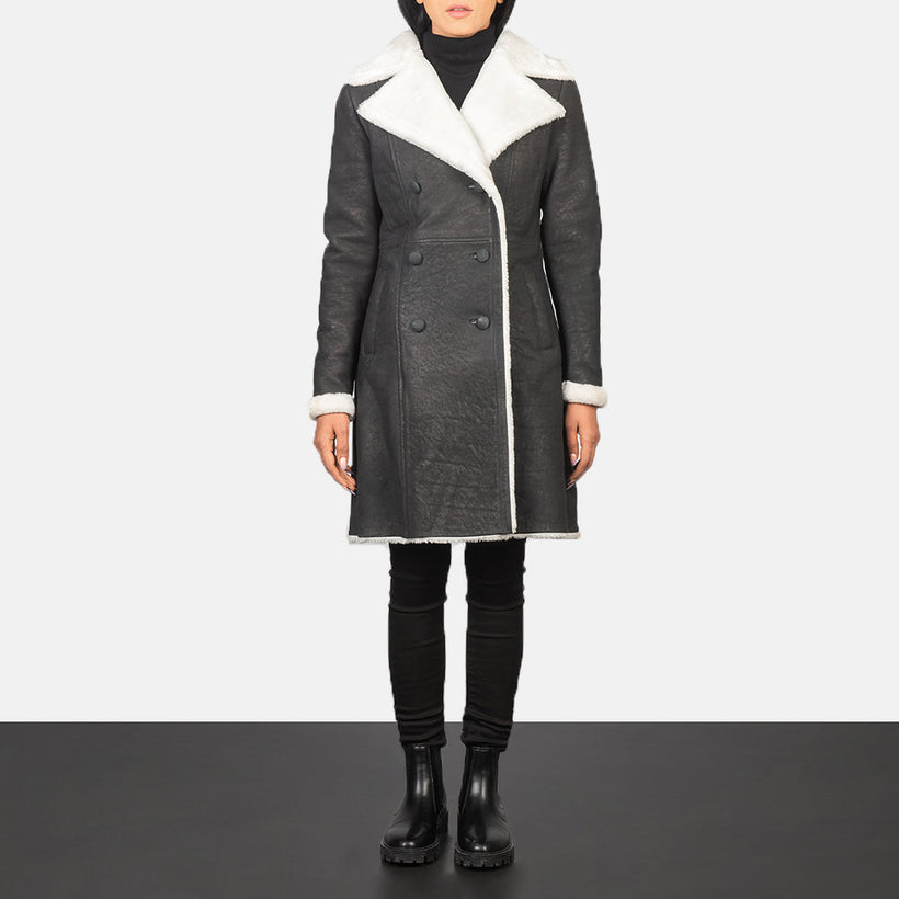 Amie ブラック Double-Breasted Shearling レザーコート レディース