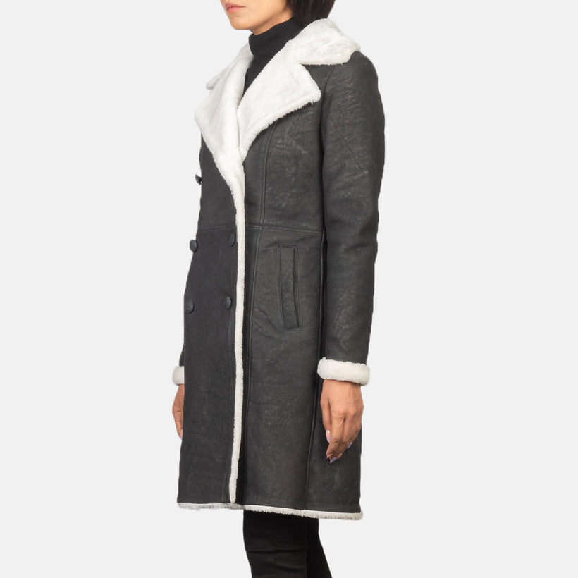 Amie ブラック Double-Breasted Shearling レザーコート レディース