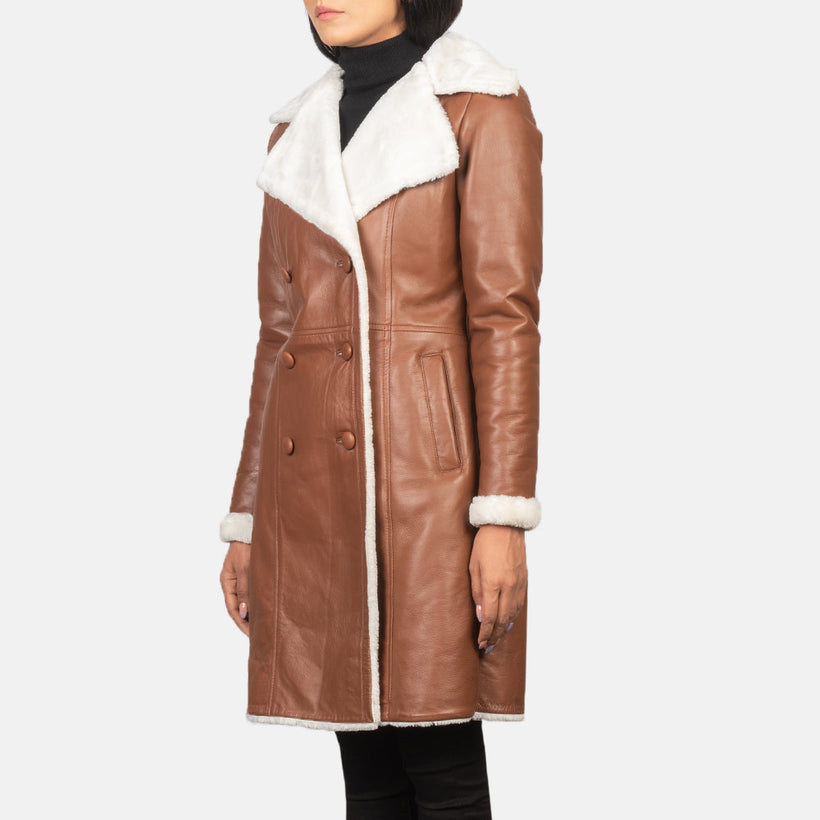 Amie ブラウン Double-Breasted Shearling レザーコート レディース