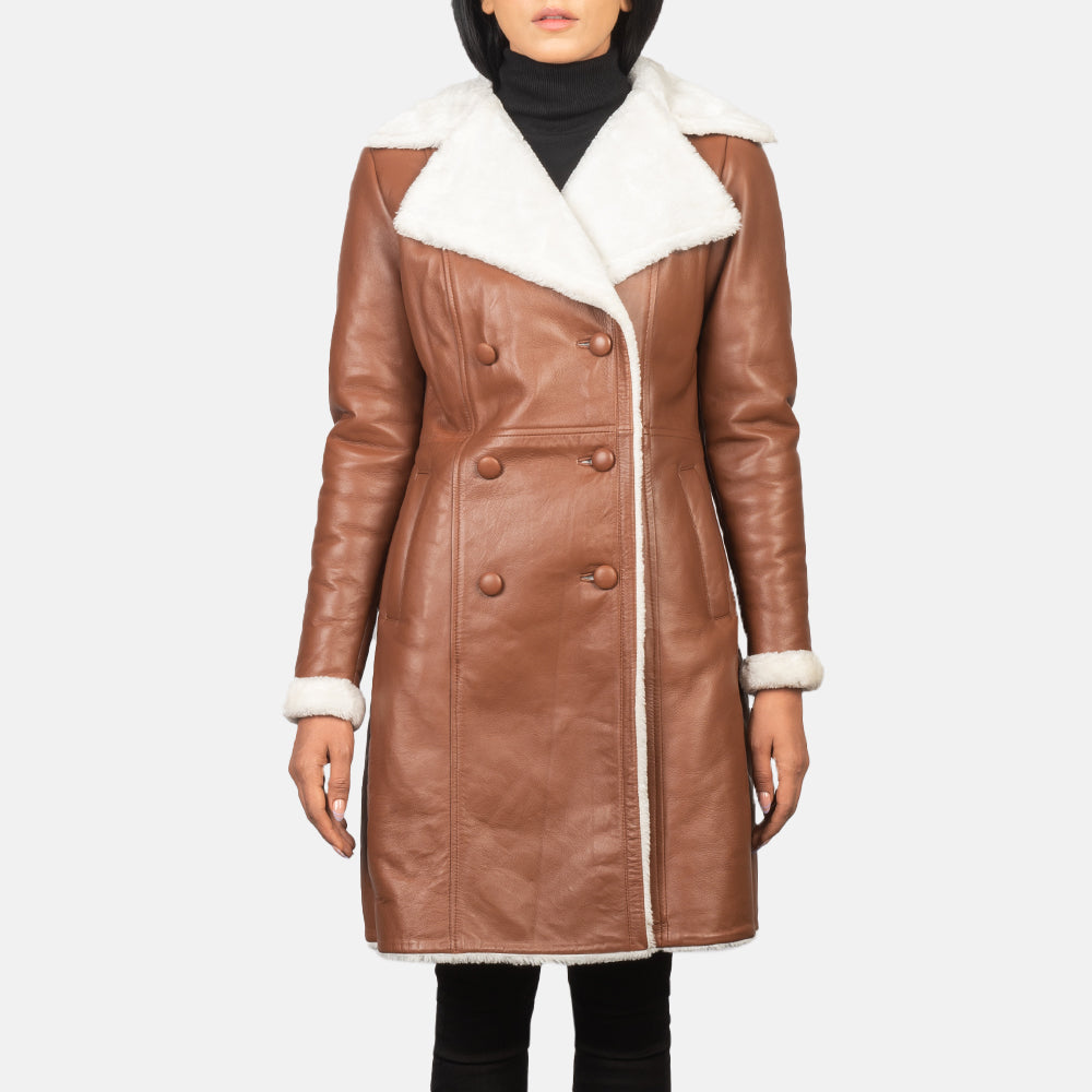 
クローズアップ詳細 of Notch & Leather Buttons Hardware on Amie Brown Double Breasted Shearling Coat