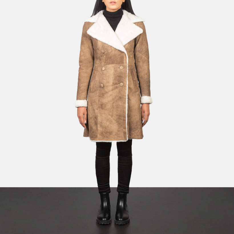 Amie Distressed ブラウン Double-Breasted Shearling レザーコート レディース