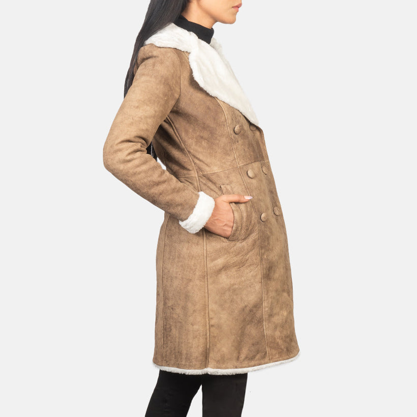 Amie Distressed ブラウン Double-Breasted Shearling レザーコート レディース