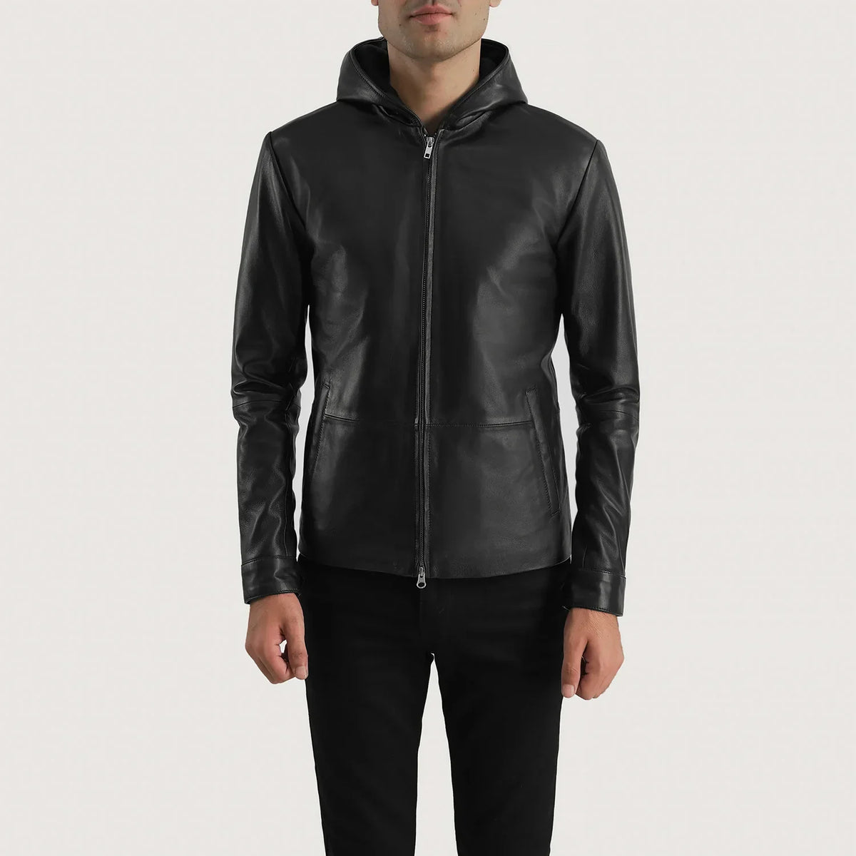 Men's Andy Matte ブラック Hooded レザージャケット メンズ in Matte Black Sheepskin Leather - Front Profile View &amp; Tailored Silhouette | Buy Online