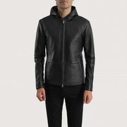 Men's Andy Matte ブラック Hooded レザージャケット メンズ in Matte Black Sheepskin Leather - Front Profile View &amp; Tailored Silhouette | Buy Online