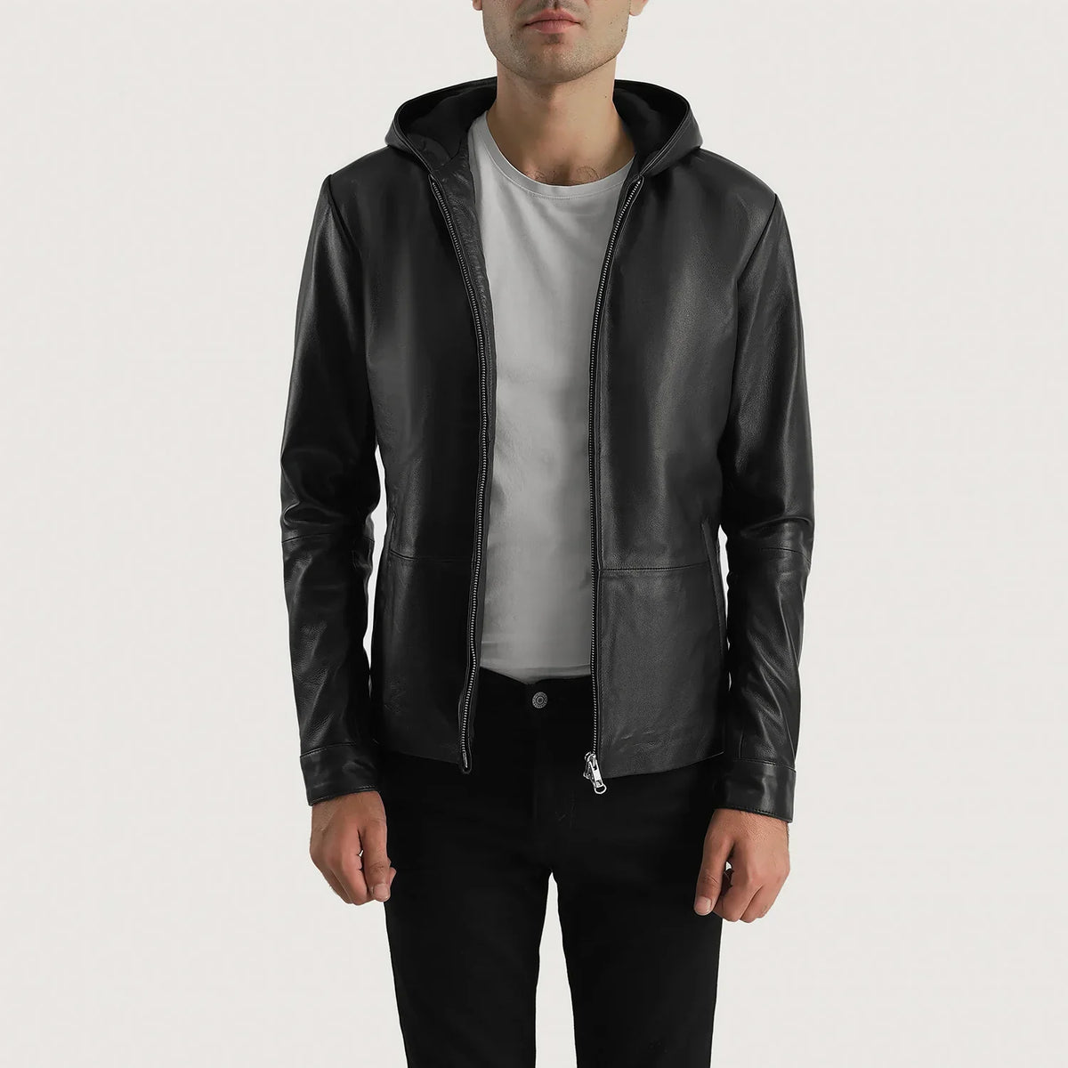 Men's Andy Matte ブラック Hooded レザージャケット メンズ - Lateral Side Profile View Showing Sleeve Cut &amp; Athletic Taper Fit
