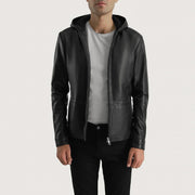 Men's Andy Matte ブラック Hooded レザージャケット メンズ - Lateral Side Profile View Showing Sleeve Cut &amp; Athletic Taper Fit