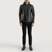 Close-Up Detail of Hooded &amp; Zipper Hardware on Men's Andy Matte ブラック Hooded レザージャケット メンズ