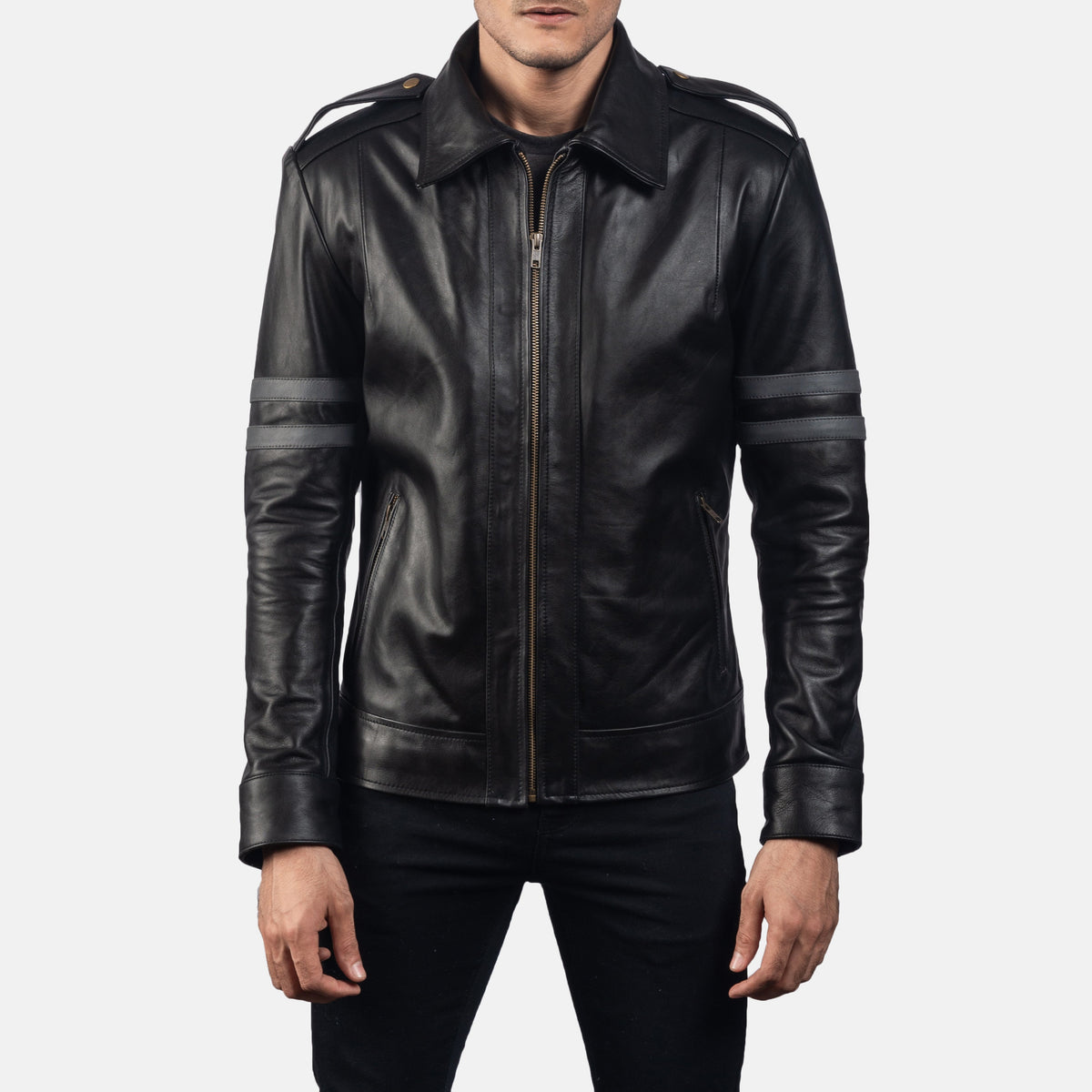 Armstrong ブラック レザーライダースジャケット メンズ in Black Cowhide Leather - Front Profile View &amp; Tailored Silhouette | Buy Online