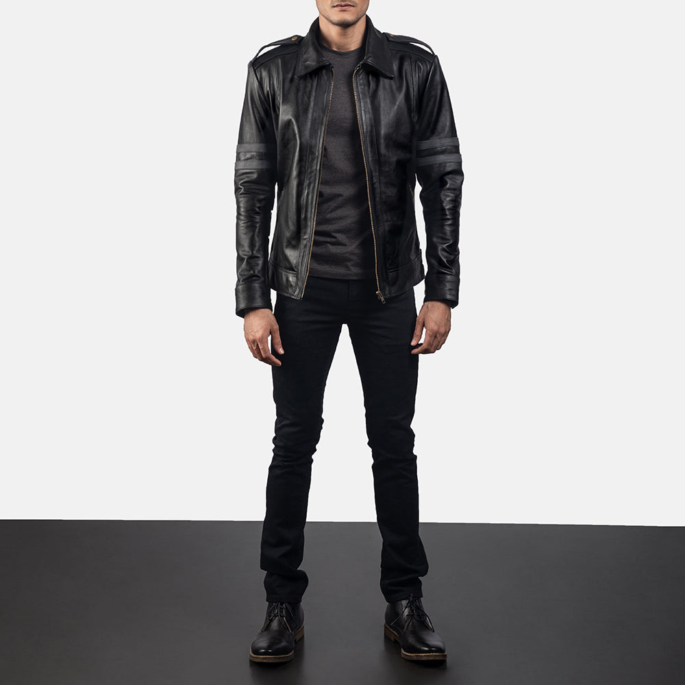 Armstrong ブラック レザーライダースジャケット メンズ - Lateral Side Profile View Showing Sleeve Cut &amp; Athletic Taper Fit