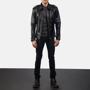 Armstrong ブラック レザーライダースジャケット メンズ - Lateral Side Profile View Showing Sleeve Cut &amp; Athletic Taper Fit