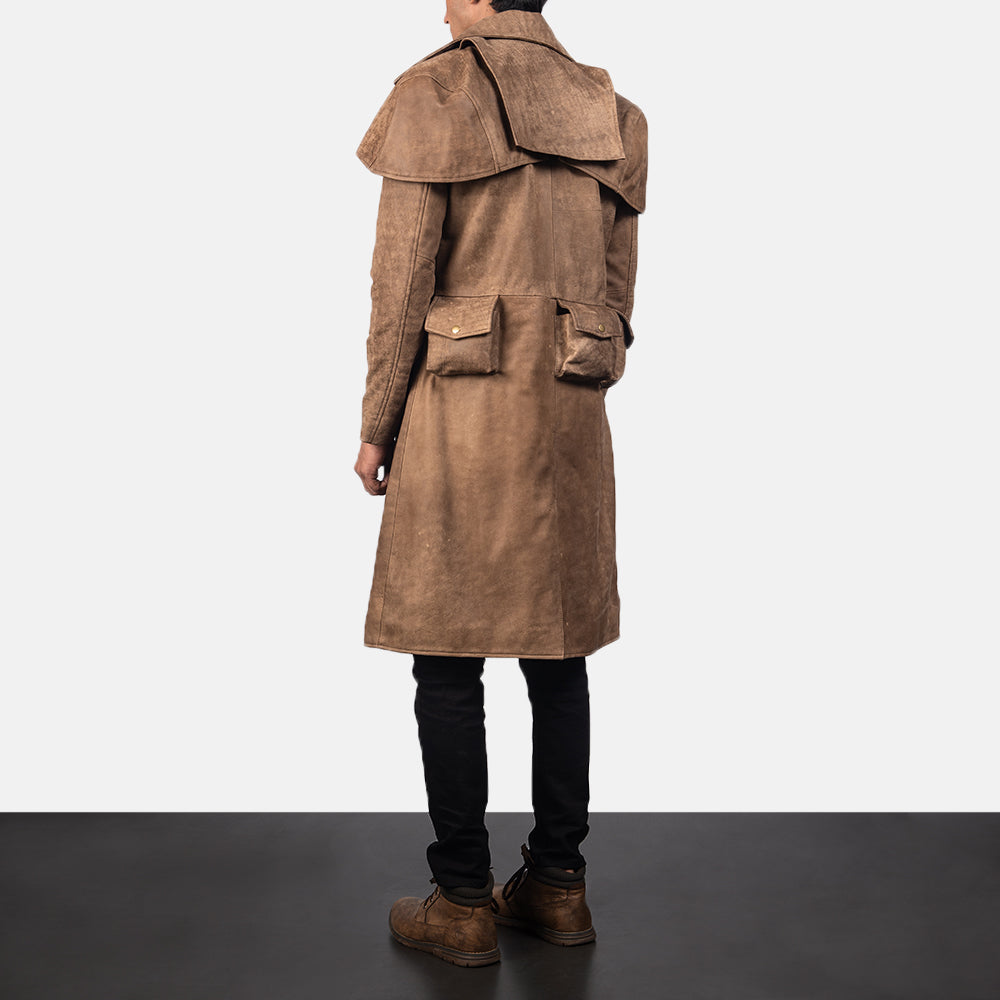 Men's Army ブラウン Leather Duster メンズ - Lateral Side Profile View Showing Sleeve Cut &amp; Athletic Taper Fit