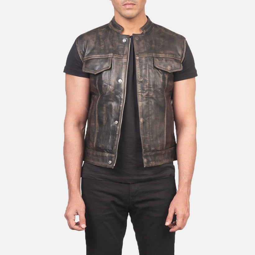 Atlas Moto Distressed ブラウン レザーベスト メンズ