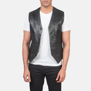 Men's Auden ブラック レザーベスト メンズ in Black Cowhide Leather - Front Profile View &amp; Tailored Silhouette | Buy Online