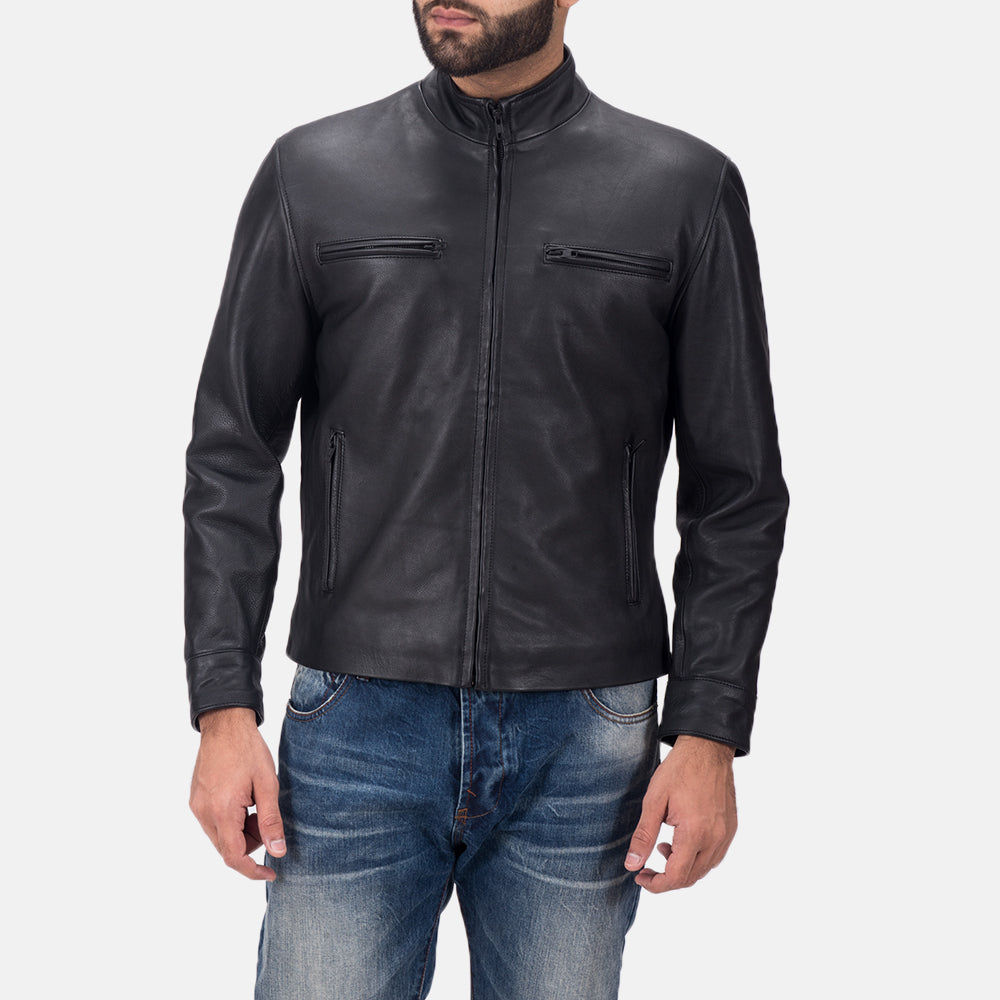 Austere Matte ブラック レザーライダースジャケット メンズ in Black Calfskin Matte - Front Profile View &amp; Tailored Silhouette | Buy Online