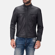 Austere Matte ブラック レザーライダースジャケット メンズ in Black Calfskin Matte - Front Profile View &amp; Tailored Silhouette | Buy Online
