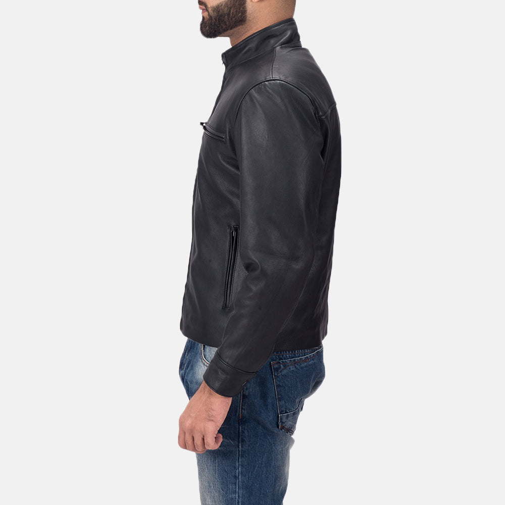 Austere Matte ブラック レザーライダースジャケット メンズ - Lateral Side Profile View Showing Sleeve Cut &amp; Athletic Taper Fit