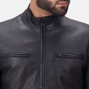 Close-Up Detail of High neck &amp; Zipper Hardware on Austere Matte ブラック レザーライダースジャケット メンズ