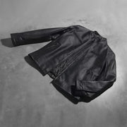 Button &amp; Hem Craftsmanship Construction Detail on Austere Matte ブラック レザーライダースジャケット メンズ