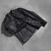 Styled Fit Perspective of Austere Matte ブラック レザーライダースジャケット メンズ on Model - Natural Daylight Drape