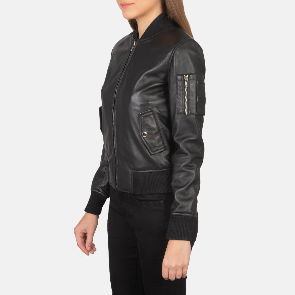 Black Sheepskin Leather Bomber Jacket - Back View Showing Tailored Shoulder Fit &amp; Clean Hemline