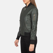 Green Sheepskin Leather Bomber Jacket - Back View Showing Tailored Shoulder Fit &amp; Clean Hemline