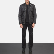 Men's Barry キルティング ブラック Windbreaker レザージャケット メンズ - Lateral Side Profile View Showing Sleeve Cut &amp; Athletic Taper Fit