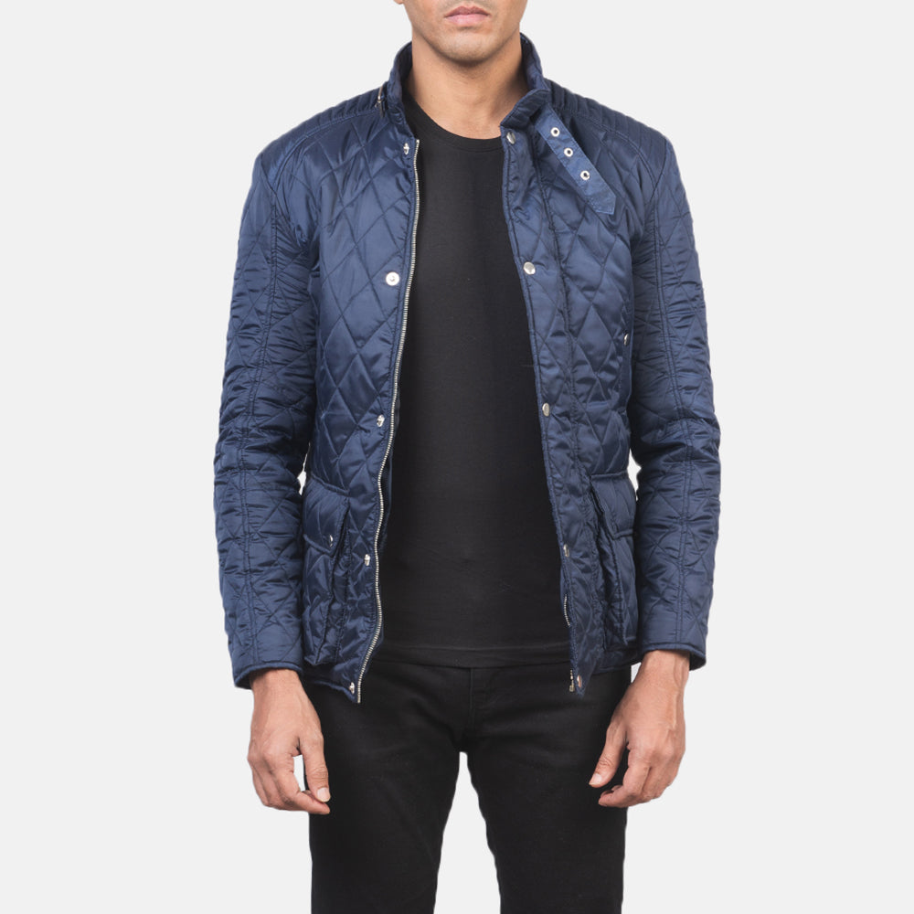 Men's Barry キルティング ブルー Windbreaker レザージャケット メンズ in Blue Nylon - Front Profile View &amp; Tailored Silhouette | Buy Online