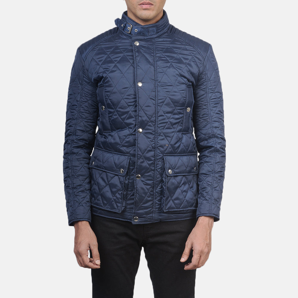 Men's Barry キルティング ブルー Windbreaker レザージャケット メンズ - Lateral Side Profile View Showing Sleeve Cut &amp; Athletic Taper Fit