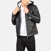 
Baston Black Hooded Leather Bomber Jacket in Black Sheepskin Leather - 正面スタイル＆テーラードシルエット | 公式オンライン通販