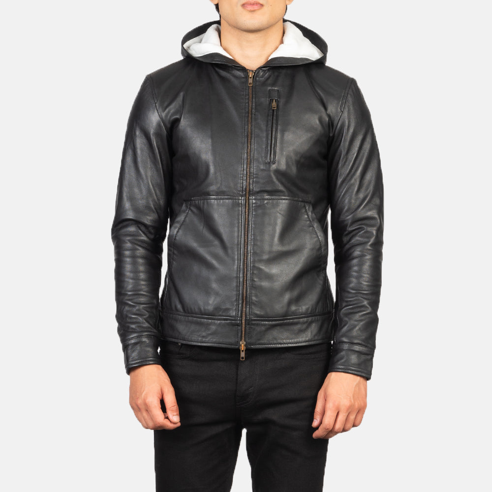 
クローズアップ詳細 of Hooded & Zipper Hardware on Baston Black Hooded Leather Bomber Jacket