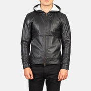 
クローズアップ詳細 of Hooded & Zipper Hardware on Baston Black Hooded Leather Bomber Jacket