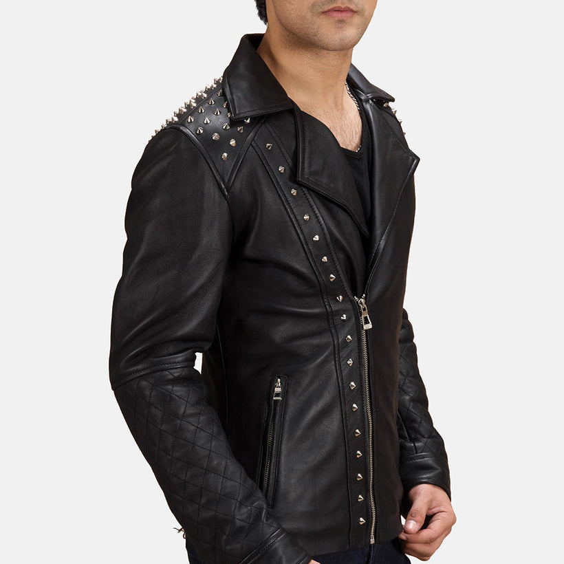 ブラック Studded レザーライダースジャケット メンズ