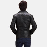 Close-Up Detail of Notch & Zipper Hardware on Men's Black Studded Leather Biker Jacket