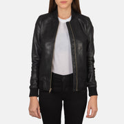 Women's Bliss ブラック レザーボンバージャケット レディース in Black Sheepskin Leather - Front Profile View &amp; Tailored Silhouette | Buy Online