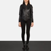 Women's Bliss ブラック レザーボンバージャケット レディース - Lateral Side Profile View Showing Sleeve Cut &amp; Athletic Taper Fit