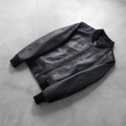 Rib Knit &amp; Hem Craftsmanship Construction Detail on Women's Bliss ブラック レザーボンバージャケット レディース