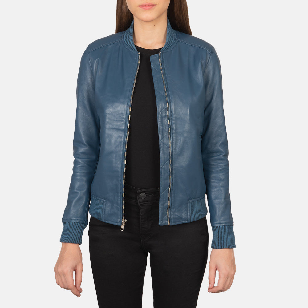 Women's Bliss ブルー レザーボンバージャケット レディース in Blue Sheepskin Leather - Front Profile View &amp; Tailored Silhouette | Buy Online